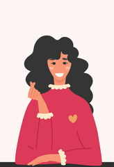 Girl and heart flat illustration. Cute cartoon girl