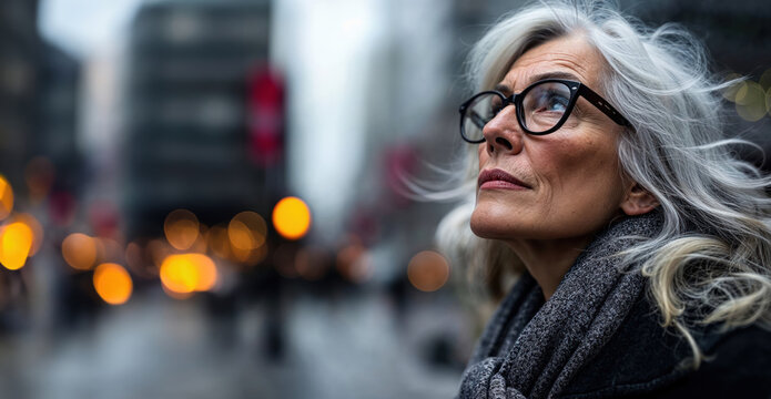 youthful senior woman with long white hair and glasses on a cold day in the city