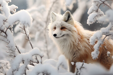 Obraz premium White Fox in Snowy Landscape Looking Attentive.