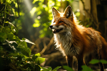 Naklejka na ściany i meble Alert Red Fox in Forest with Sunlight Filtering.