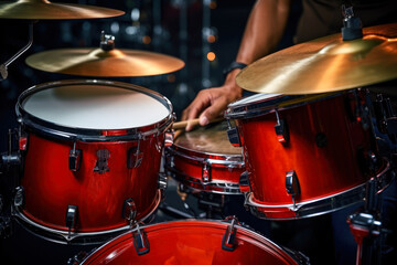 Fototapeta na wymiar Drummer Playing Red Drum Set in Concert.