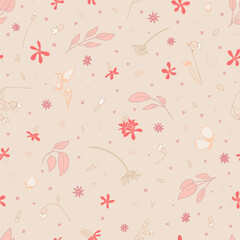 Beige seamless pattern with small red flowers.
