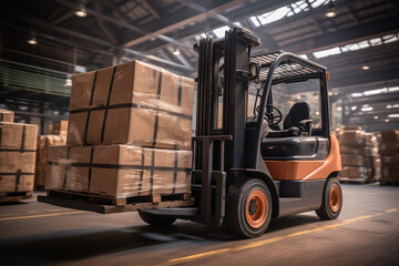 Forklift Moving Pallets in a Warehouse.