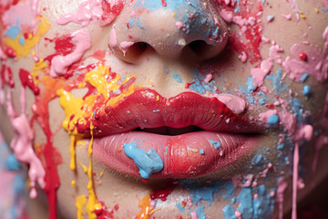 Vivid Lip Close-Up with Multicolored Paint.