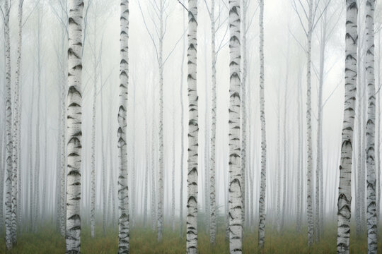 Fog-Enshrouded Birch Forest in Tranquil Scene.