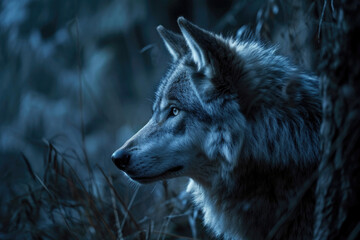 A gray wolf in the soft glow of the moonlight