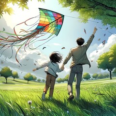 Two people who gave their backs are flying a kite on a shady green field created with ai generated 