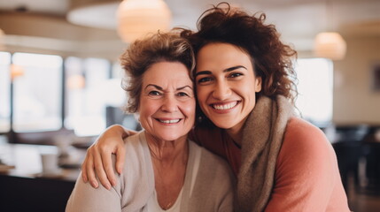 Lovely smiling happy elderly parent mom with young adult daughter two women together wearing casual clothes hugging cuddle kiss - obrazy, fototapety, plakaty