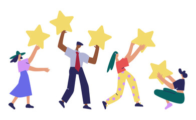 Customer feedback rating, different people give ratings and reviews, business satisfaction support.