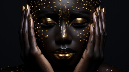 Beauty woman painted in black skin color body art, gold makeup lips eyelids, fingertips nails in gold color paint. Professional gold makeup