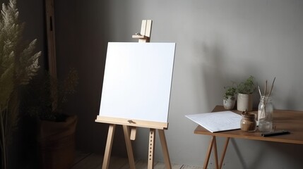 Artistic equipment in a artist studio: empty artist canvas on wooden easel and paint brushes Retro toned photo.