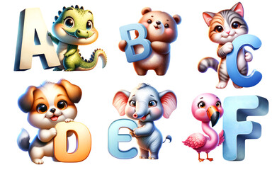 Cute Animals Alphabet Watercolor Clipart Transparent Designs,ABCDEF Animals font Png,Kids Learning,Nursery Decor,Cute Animal Designs Clipart
