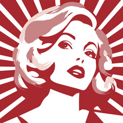 Abstract woman portrait on rays background.  Bright red vector illustration in retro style.