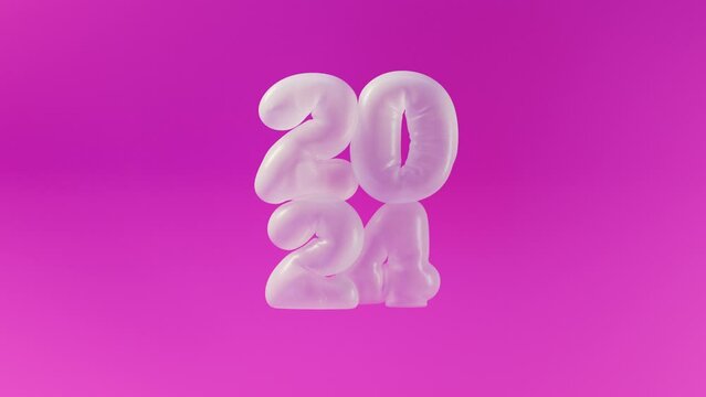 3D render of 2024 New Year numbers in the form of transparent inflated balloons hanging in the air on pink background, 4K holiday animated greeting card