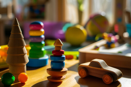 Montessori early education. Wooden table full of educational material, wood educational toys in kindergarten, preschool classroom