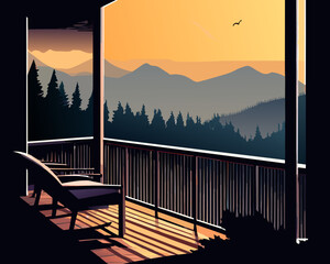 Wooden terrace with chairs, overlooking the mountains and pine forest