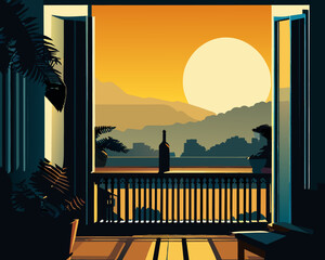 landscape view from the window of the mountains and sunset, chairs on the terrace