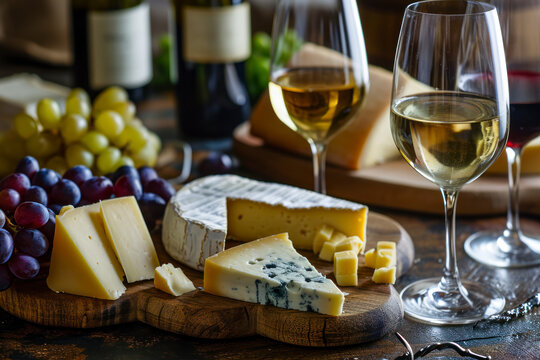 Wine and cheese pairing, a sophisticated scene featuring a selection of fine wines paired with an assortment of cheeses.