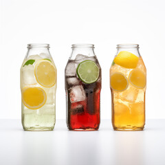 3 mocktails in a row in clear bottles on a white isolated background