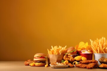 Composition of many junk unhealthy fast food on the table. Ultra processed food concept. Low nutrition value, high calories value