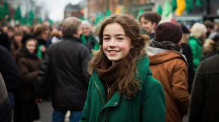 Fototapeta premium A girl in a green coat is smiling for the camera