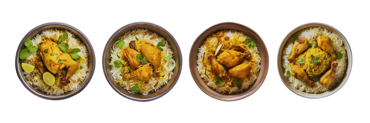 Set of Top view of Delicious chicken biryani in bowel, isolated over on transparent white background. - obrazy, fototapety, plakaty