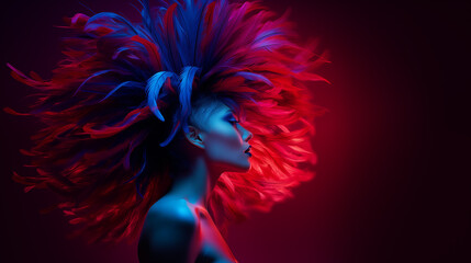 Sinnliches Portrait einer Frau mit Federn als opulenter Haarschmuck. Neon beleuchtet. Abstrakte Fashion-Illustration