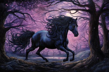 Obraz na płótnie Canvas A black horse is running in the forest at night. Drawn with colored pencils.
