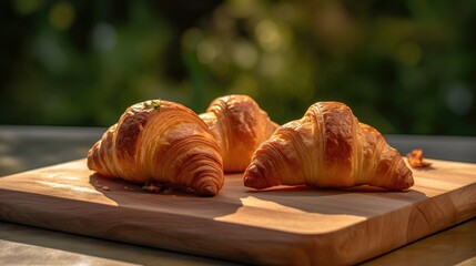 A delicious assortment of freshly-baked croissants on a wooden table