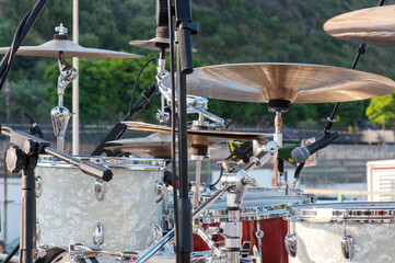 Detail of a drum set on the outdoor stage.