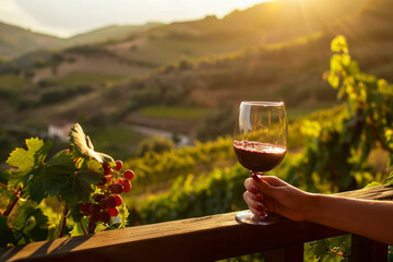 Wine and relaxation, a serene scene featuring a person enjoying a glass of wine on a balcony or terrace overlooking a vineyard or scenic landscape.