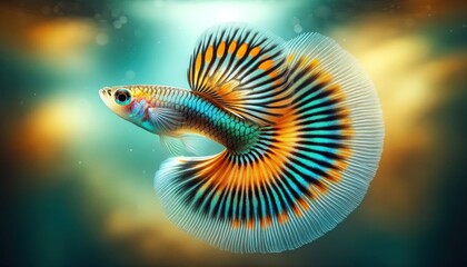 Guppy (Poecilia reticulata) with vibrant color patterns and elegant tail fins, prominently displayed against a soft-focused aquatic background.
