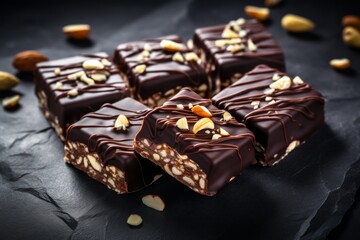 Dark chocolate slices with whole hazelnut filling on concrete table, top view.