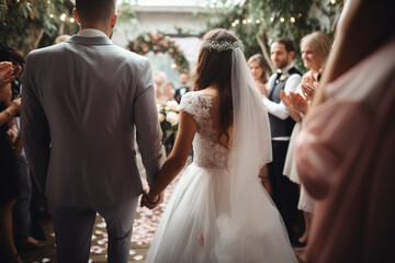 Moment in wedding, bride and bridegroom holding hands with bouquet and wedding guests in background