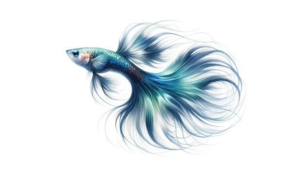 Watercolor painting of a Guppy (Poecilia reticulata), showcasing its vivid coloration and flowing fins against a stark white background.
