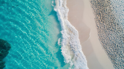Aerial view of a beatiful carribean beach, white sand, crystal clear water, artificial intelligence