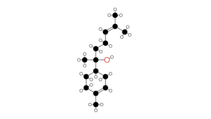 bisabolol molecule, structural chemical formula, ball-and-stick model, isolated image levomenol