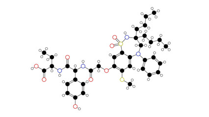 odevixibat molecule, structural chemical formula, ball-and-stick model, isolated image bylvay