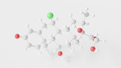 alclometasone molecule 3d, molecular structure, ball and stick model, structural chemical formula synthetic corticosteroid