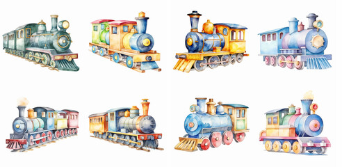 Watercolor freight train engine, caboose and train cars set isolated on a white background