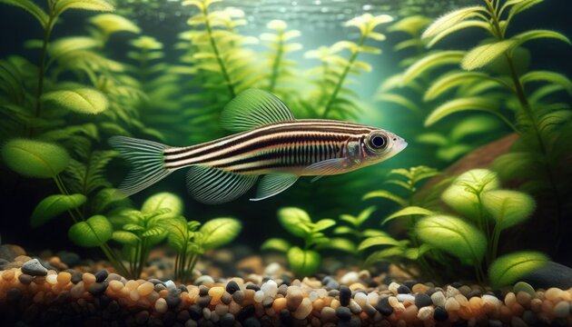 Zebrafish (Danio rerio) displaying their unique striped pattern and agile movement in a natural, well-planted aquarium environment.
