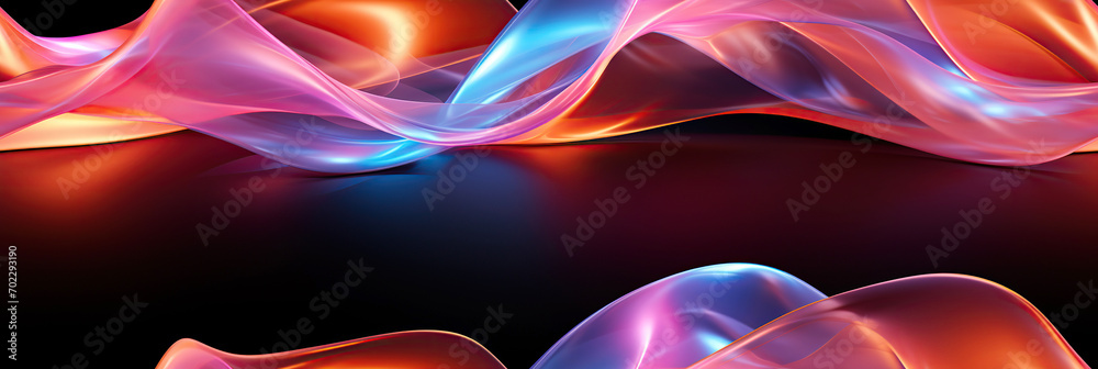 Wall mural black background with wavy seamless pattern texture with neon gradient multicolored curves volumetri