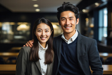 Professional Young Couple Smiling in Corporate Environment
