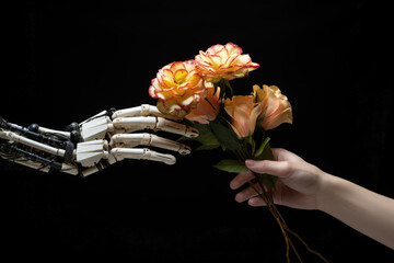 girl gives flowers to a robot hand to hand 