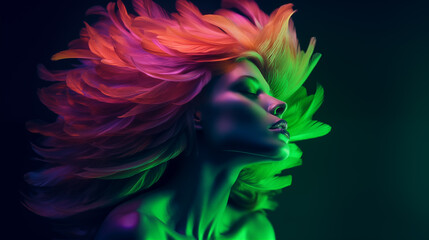 Sinnliches Portrait einer Frau mit Federn. Neon beleuchtet. Abstrakte Fashion-Illustration