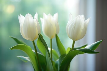 Three white tulips in a vase on a window sill.