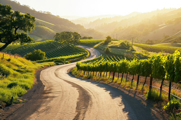 Wine country road trip, a picturesque image of a winding road through vineyards, inviting viewers to embark on a scenic wine country road trip. - obrazy, fototapety, plakaty