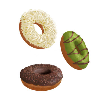 Donuts doughnut, flying donuts, cheese donuts, chocolate donuts, matcha donuts
