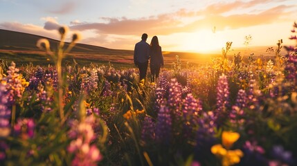 Gefühle im Blumenmeer: Ein Paar erlebt die Romantik des Sonnenuntergangs - obrazy, fototapety, plakaty