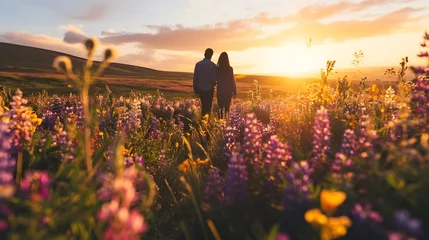 Foto op Plexiglas Gefühle im Blumenmeer: Ein Paar erlebt die Romantik des Sonnenuntergangs © Joseph Maniquet